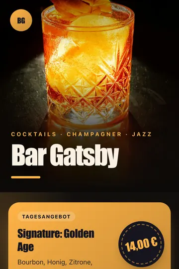 Menu in the “Leuchtglas” design for Bar & cocktails, phone view