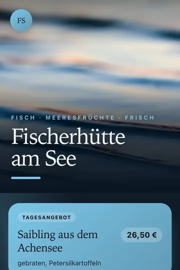 Menu in the “Am Wasser” design for Fish & seafood, phone view