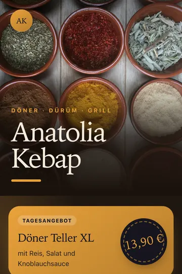 Menu in the “Gewürzmarkt” design for Döner & kebab, phone view